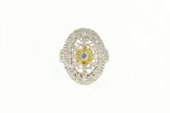 14K White Gold White Yellow & Blue Diamond Flower Filigree Ring