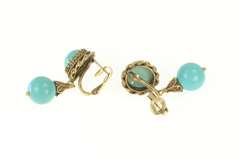 14K Yellow Gold Retro Turquoise Dangle Ornate Screw Back Earrings