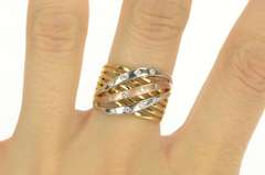 14K Yellow Gold Diamond Tri Tone Wavy Layered Look Band Ring