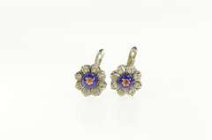 18K White Gold 1940's Blue Enamel Diamond Halo Flower Earrings