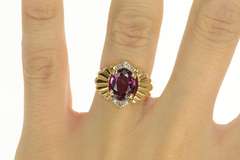 18K Yellow Gold Rhodolite Garnet Diamond Grooved Statement Ring