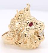 Breathtaking Yellow Gold Diamond in Crowned Lion's Mouth and Ruby Eyes Ring