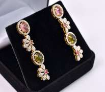Fantastic 3.50CTW Colorful Tourmaline & 2.50CTW Diamond Foral Dangle Earrings in Gold Plated Sterling Silver
