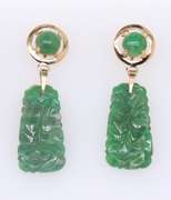 Vintage Yellow Gold Carved Jade Dangle Earrings