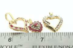 Romantic Group Set of 14k Gold Heart Pendants with Diamonds and Red Topaz