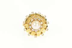 14K Yellow Gold 1950's Retro Pearl CZ Cocktail Halo Cluster Ring