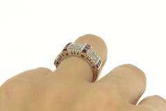 14K White Gold 1950's Princess Ruby Diamond Cluster Band Ring