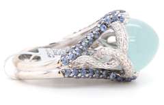 New 12.20ct Chalcedony 1.84ctw Sapphire and 0.88ctw Diamond Frame Ring in 18K