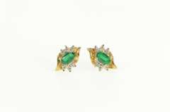 14K Yellow Gold Oval Syn. Emerald Diamond Accent Stud Earrings