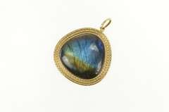 14K Yellow Gold Labradorite Cabochon Grooved Trim Vintage Pendant