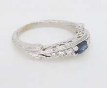 14k White Gold Blue Sapphire and Diamond Carved Ring