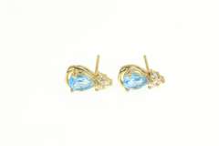 14K Yellow Gold Pear Blue Topaz Diamond Cluster Stud Earrings