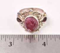 Enhanced Ruby Flanked By Garnets Set In Sterling Ring