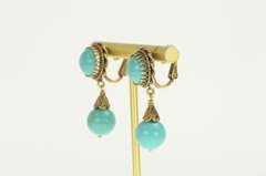 14K Yellow Gold Retro Turquoise Dangle Ornate Screw Back Earrings