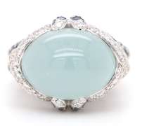 New 12.20ct Chalcedony 1.84ctw Sapphire and 0.88ctw Diamond Frame Ring in 18K