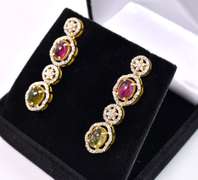 Lovely 3.75CTW Colorful Tourmaline & 2.00CTW Diamond Dangle Earrings in Gold Plated Sterling Silver