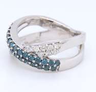 Powerful White Gold Ir Teal and White Diamond Crossover Ring