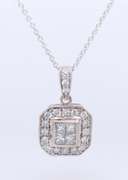 Sparkling White Gold Round Brilliant Cut Diamond Halo Cushion Pendant on Chain