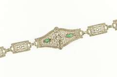 14K White Gold Art Deco Syn. Emerald Diamond Filigree Bracelet