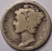 1921-D Mercury Dime Semi-Key Date, Circulated.