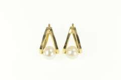 14K Yellow Gold Pearl Split Oval Hoop Vintage Statement Earrings