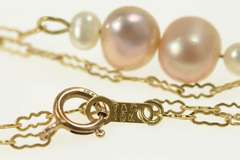 10K Yellow Gold Classic Pearl Chain Link Drop Dangle Necklace