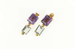 14K Yellow Gold Emerald Cut Amethyst Blue Topaz Dangle Clip Earrings