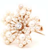 0.30ct European Cut Diamond and Pearl Flower Brooch in 14K