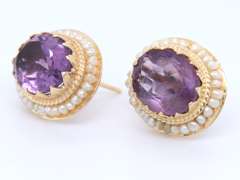 Vintage Yellow gold approximate 4.40ctw oval Amethyst and Seed Pearl Earrings