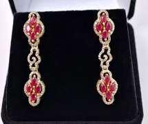 Elegant 3.00CTW Marquise-Cut Cluster Rubies & 1.33CTW Diamond Dangle Earrings in Gold Plated Sterling Silver