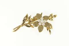 9K Yellow Gold Ornate Pearl Flower Cluster Leaf Accent Pin/Brooch