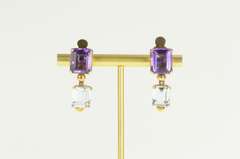 14K Yellow Gold Emerald Cut Amethyst Blue Topaz Dangle Clip Earrings