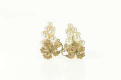 10K Yellow Gold 1960's Pearl Cluster Leaf Screw Back Earrings