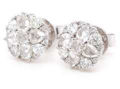 New 2.04ctw Pear Shape Rose Cut and Round Diamond Stud Earrings in 18K