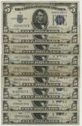 9 Series of 1934 $5 Blue Seal Silver Certificates