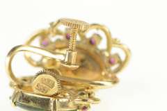 14K Yellow Gold 1940's Nephrite Syn. Ruby Crown Screw Back Earrings