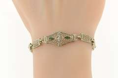 14K White Gold Art Deco Syn. Emerald Diamond Filigree Bracelet