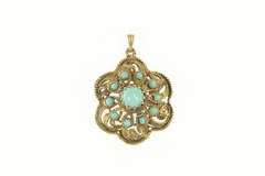 14K Yellow Gold 1950's Ornate Turquoise Domed Statement Pendant