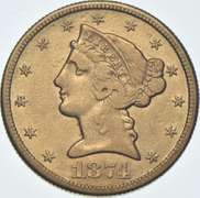 1874-CC $5 Liberty Head Gold Half Eagle