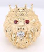 Breathtaking Yellow Gold Diamond in Crowned Lion's Mouth and Ruby Eyes Ring