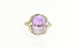 18K White Gold Art Deco Amethyst Filigree Engraved Elaborate Ring