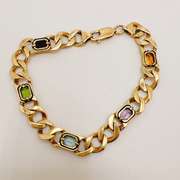 14kt Solid Yellow Gold Cuban Link & Gemstone Chain Bracelet
