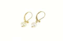 14K Yellow Gold Pearl Inset Classic Dangle Lever Back Earrings