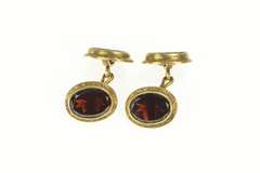 14K Yellow Gold Victorian Oval Garnet Scroll Engraved Cuff Links