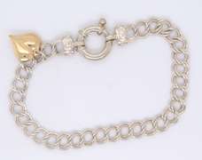 Vintage 925 Sterling Silver Double Link Charm Bracelet with Heart Shaped Charm