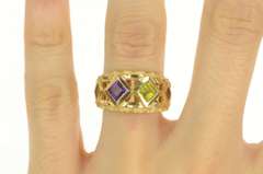 14K Yellow Gold Geometric Amethyst Peridot Squared Graduated Ring