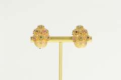 14K Yellow Gold 1960's Emerald Daisy Bouquet Basket Clip Back Earrings