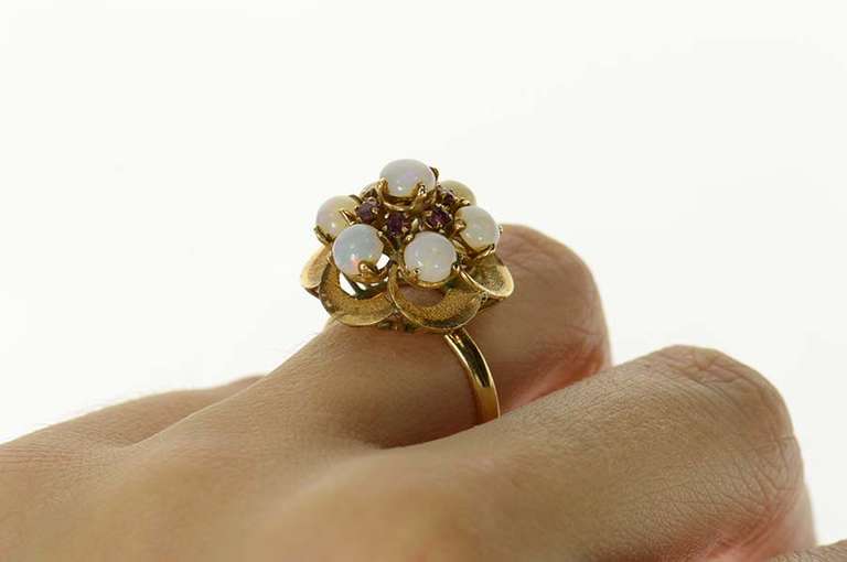 14K Yellow Gold Retro Opal Ruby Halo Cluster Cocktail Ring