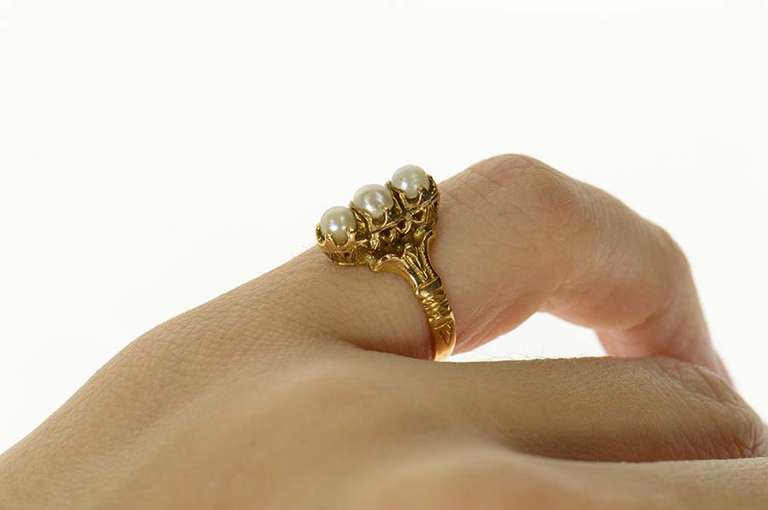 18K Yellow Gold Ornate Victorian Pearl Filigree Engagement Ring