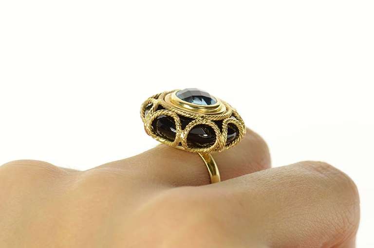 14K Yellow Gold Black Onyx Blue Topaz Ornate Cocktail Ring